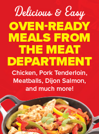 Promotional poster with Delicious & Easy Oven-Ready Meals text, featuring a skillet dish.
