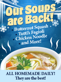 Advertisement for soups with a bowl of vegetable soup and text listing types of soups available