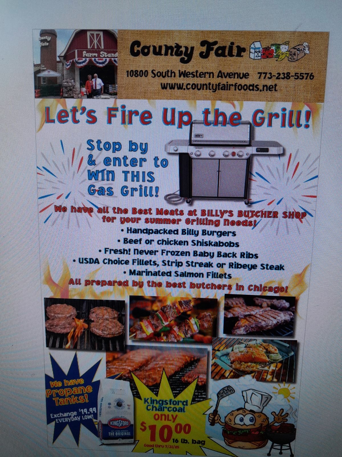 Promotional flyer with images of grilled meats and text about a gas grill giveaway.